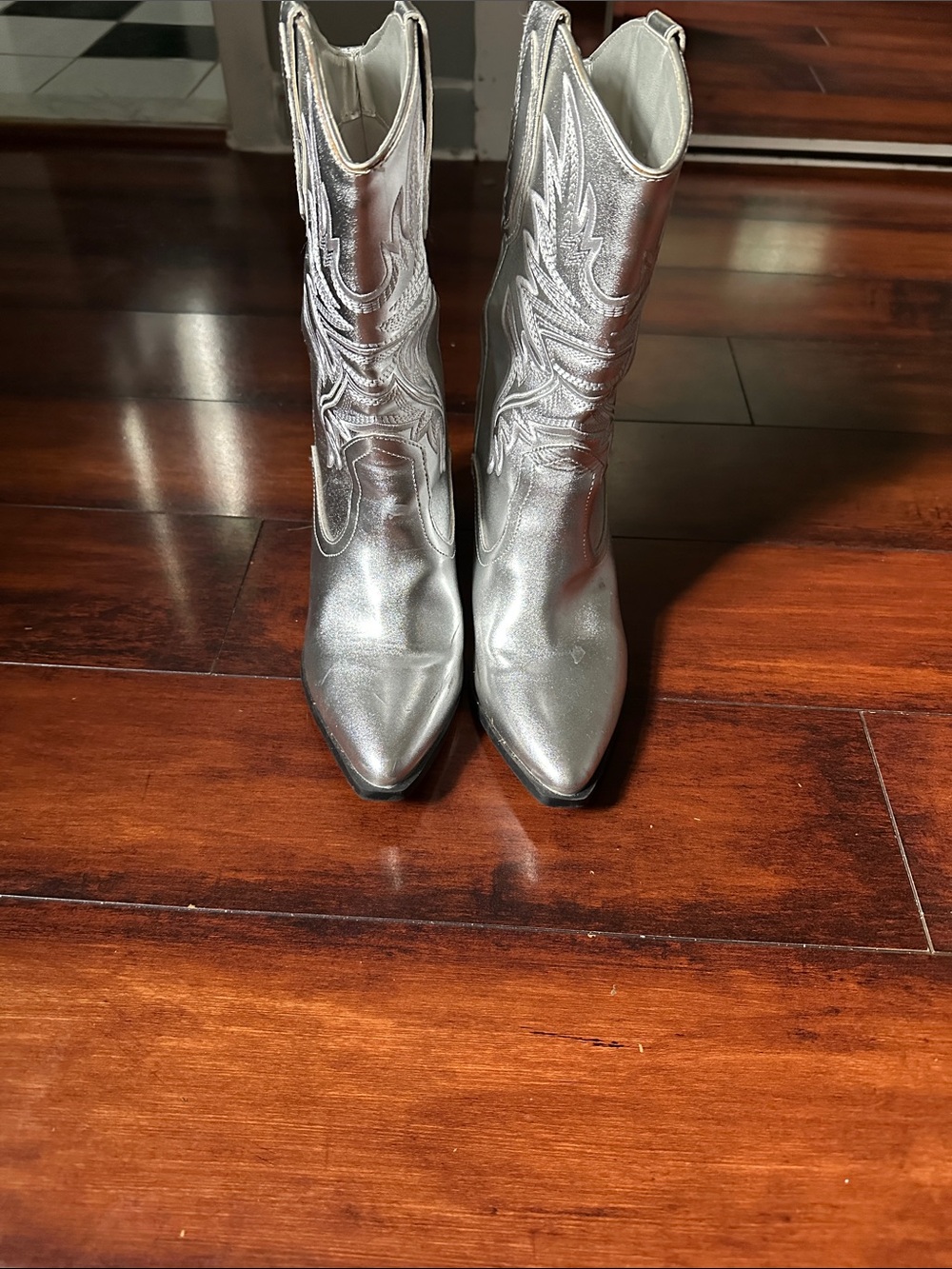 Silver Metallic Western Ankle Boots - Women